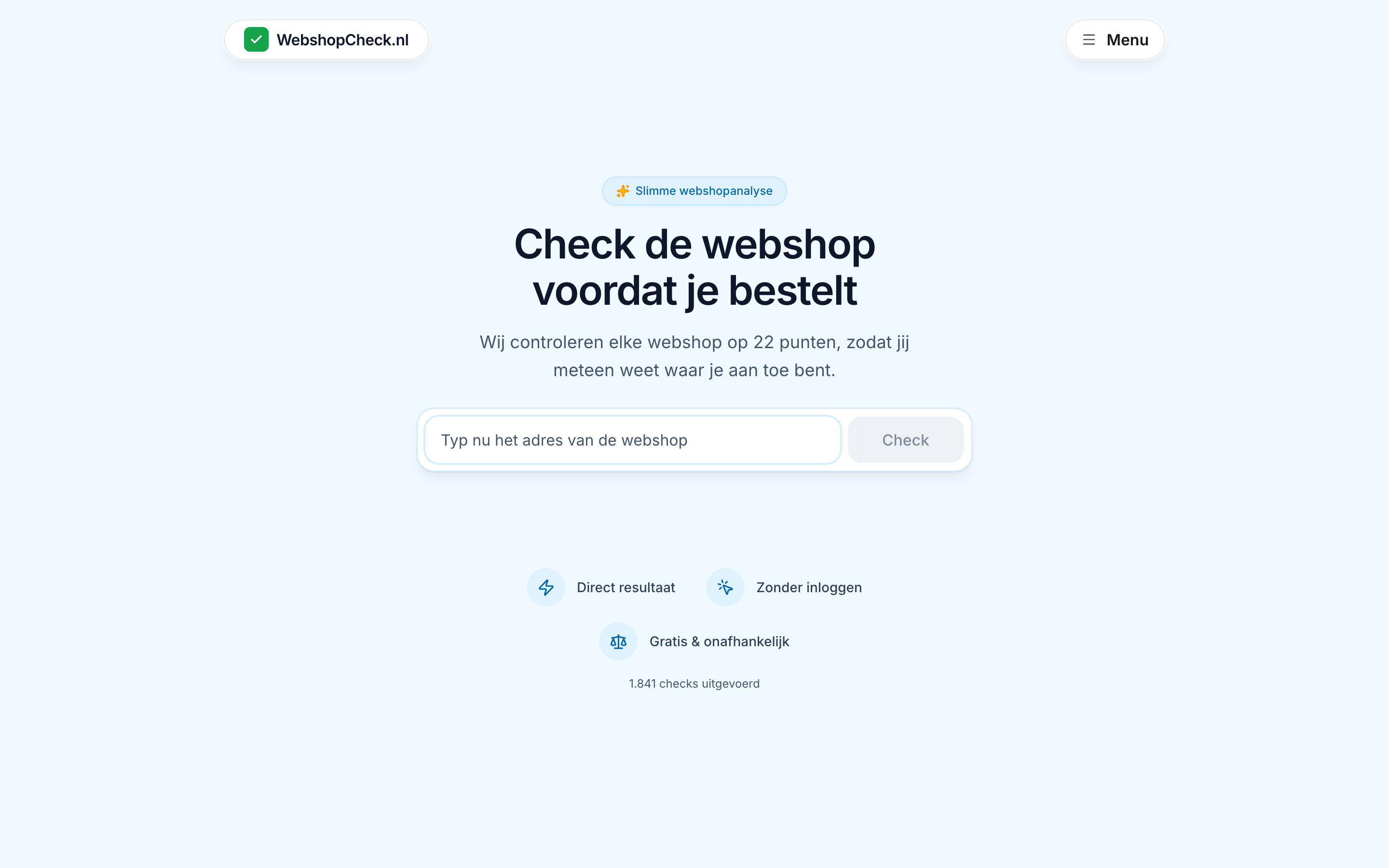 Screenshot van de homepage van WebshopCheck.nl