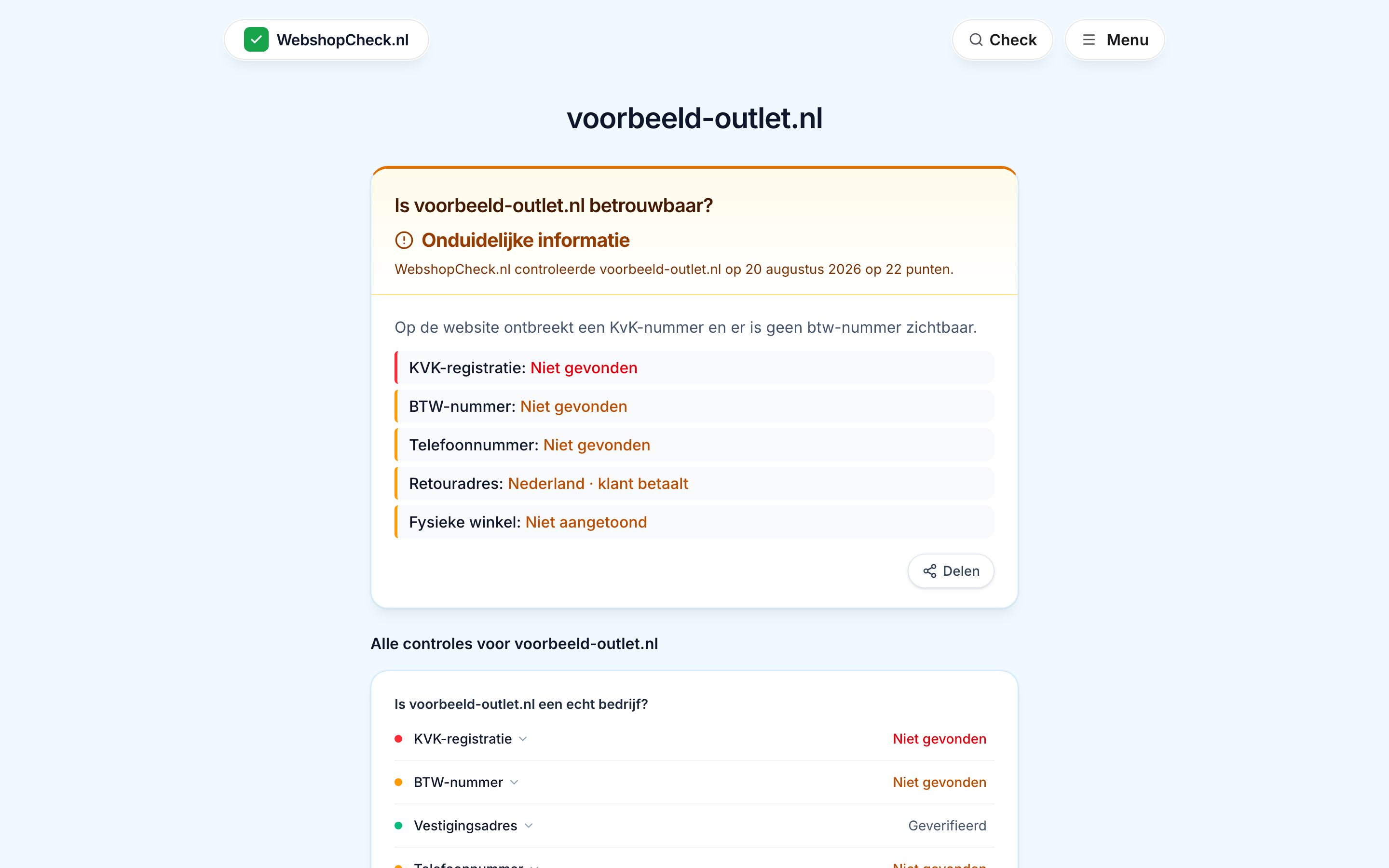Screenshot van een resultaatpagina met een gemengde uitkomst voor een fictieve voorbeeldwinkel
