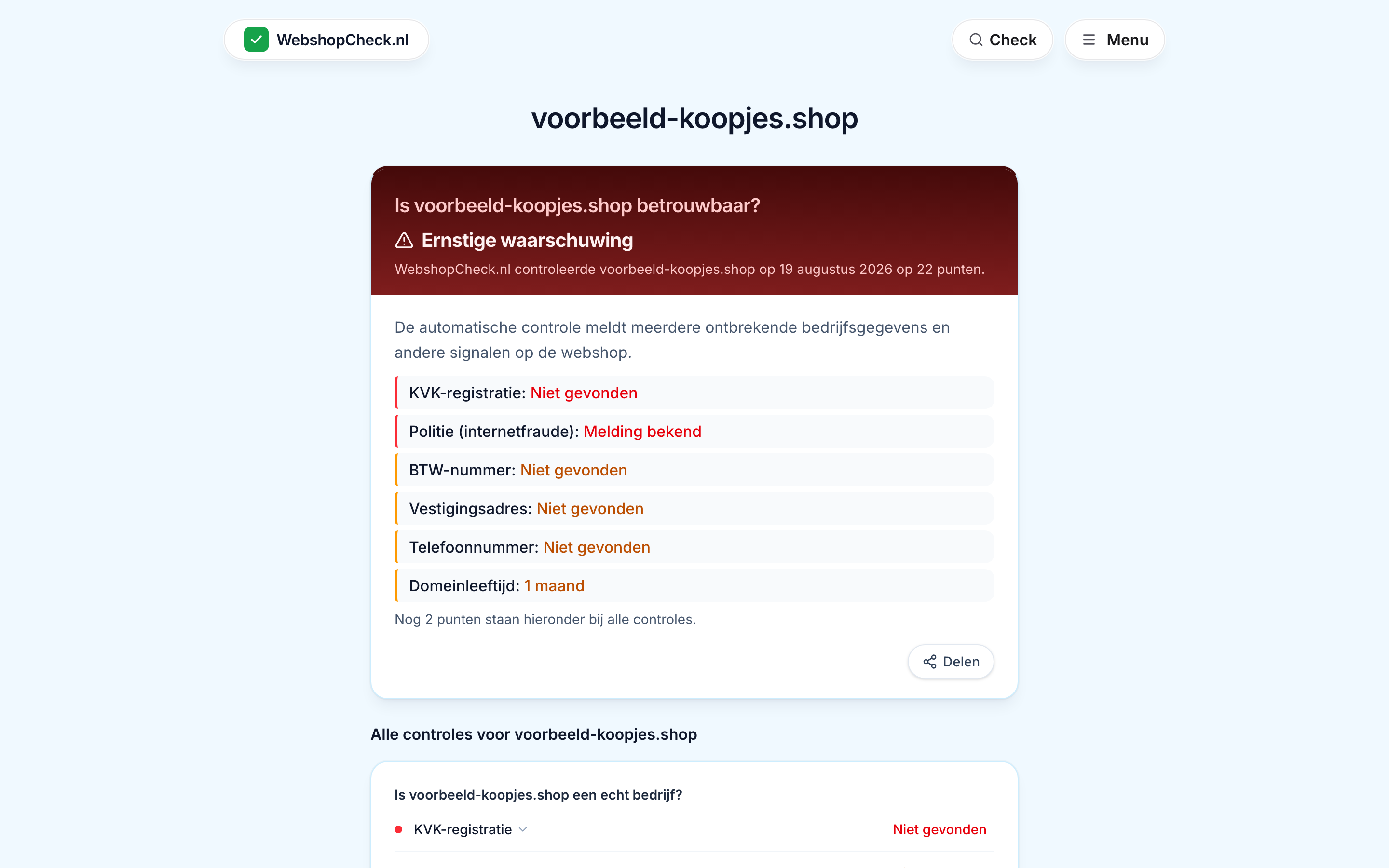 Screenshot van een resultaatpagina met een ernstige waarschuwing voor een fictieve voorbeeldwinkel