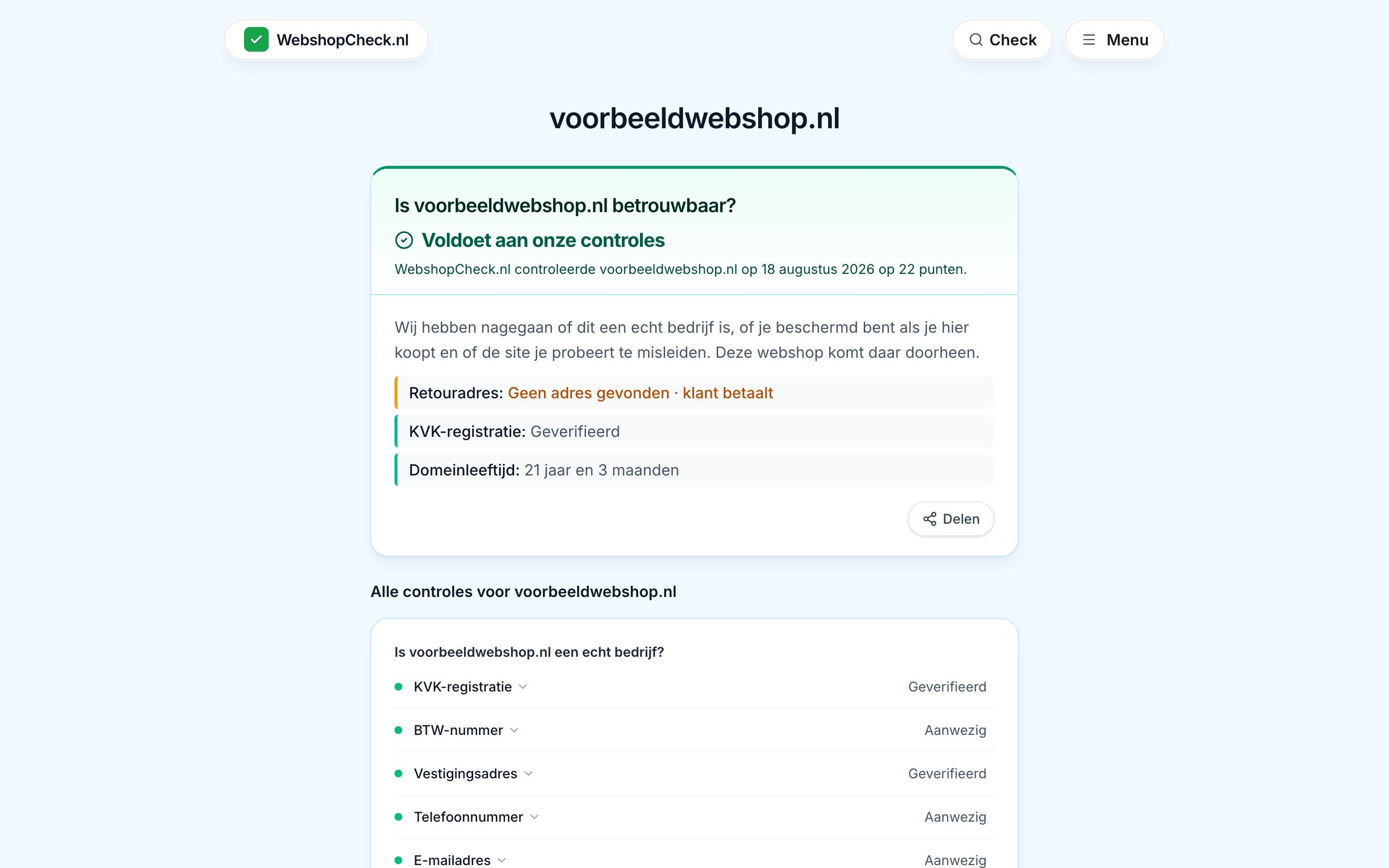 Screenshot van een resultaatpagina met een positieve uitkomst voor een fictieve voorbeeldwinkel